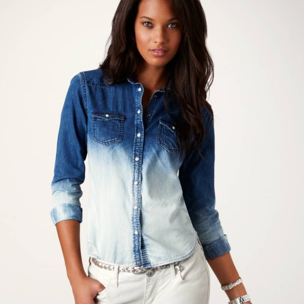 American Eagle Ombre Acid Wash Chambray Shirt
